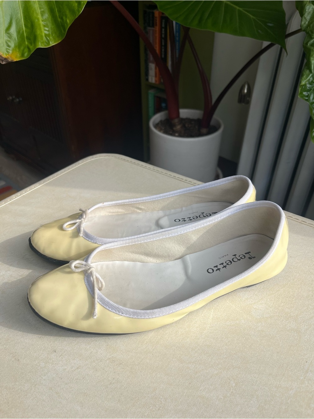 Repetto Pale Yellow Leather Ballet Flats with White Trim